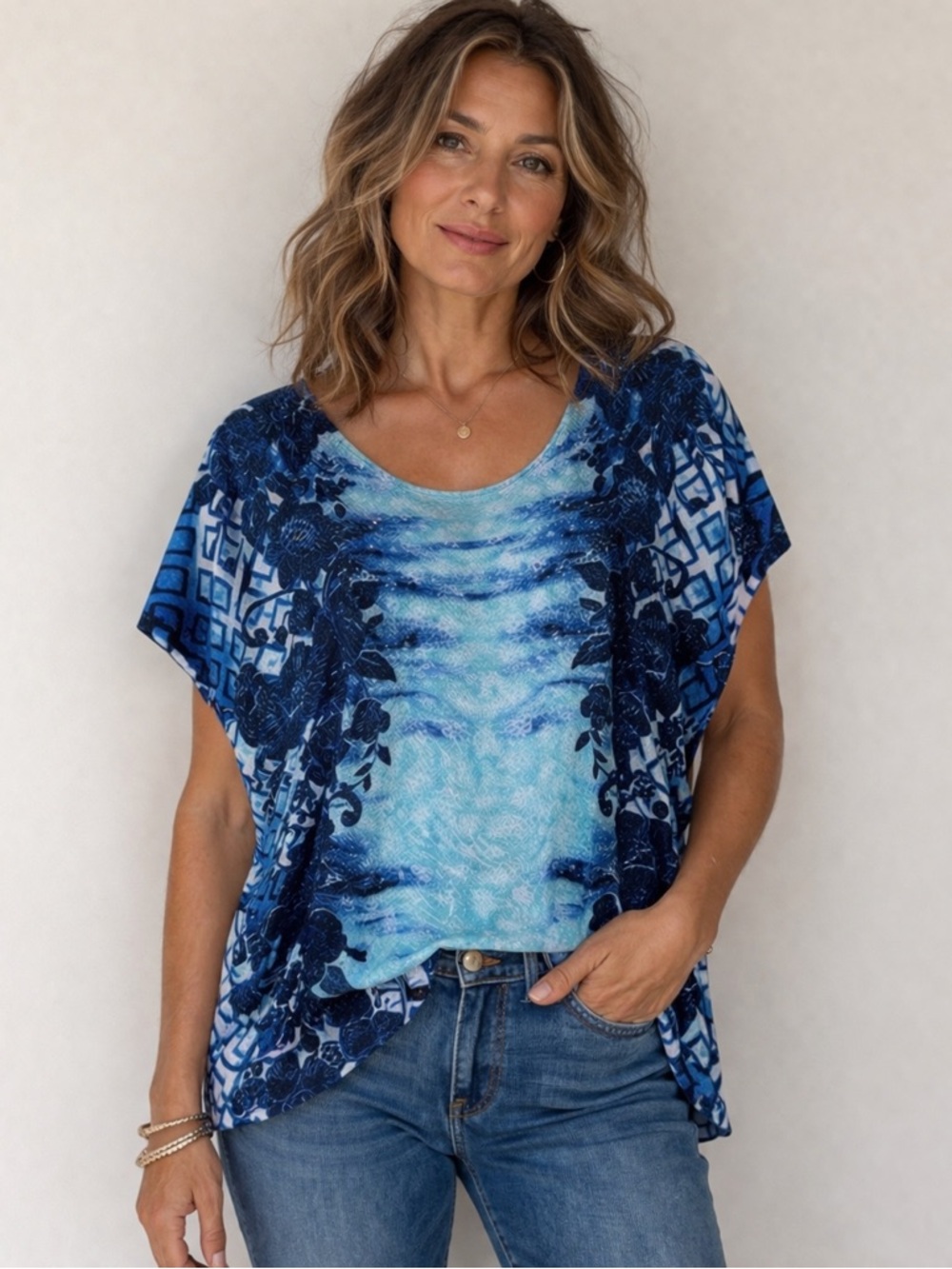Chico's Easywear Short Sleeves Top XL Chico's 3 Stretch Blue Teal‎ Print Coastal